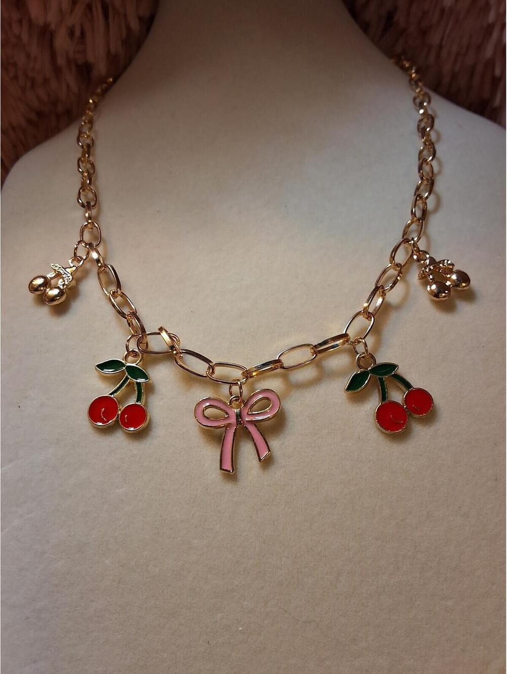 FASHION GOLD CHERRY PINK BOW 5 CHARM NECKLACE